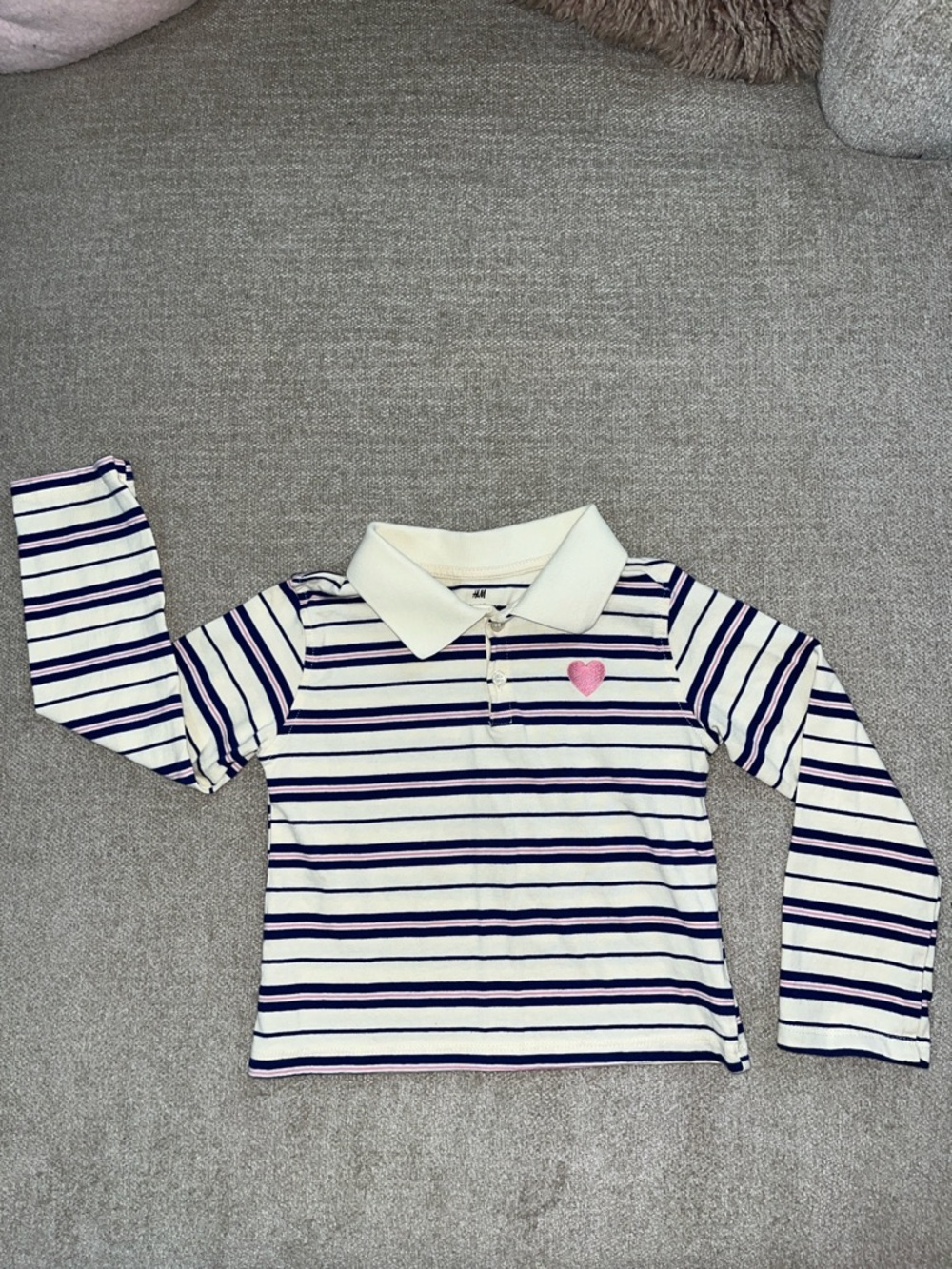 H&M White & Navy Striped Cotton Long-Sleeve Polo with Pink Heart 3-4T